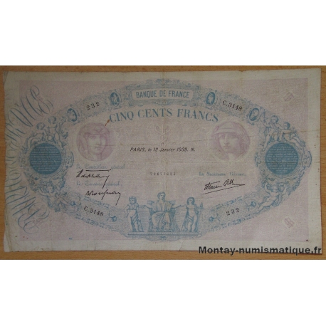 500 Francs Bleu et rose 12 janvier 1939.