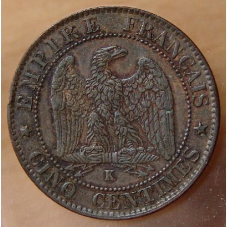 5 Centimes Napoléon III  1861 K Bordeaux, tête laurée.