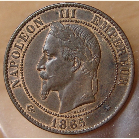 Dix centimes Napoléon III 1865 A Paris, tête laurée.