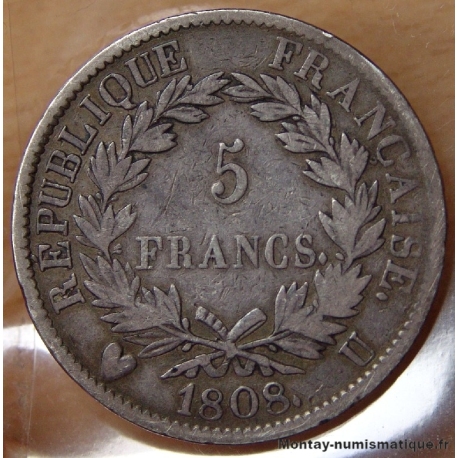 5 Francs Napoléon I 1808 U TURIN.  République Française