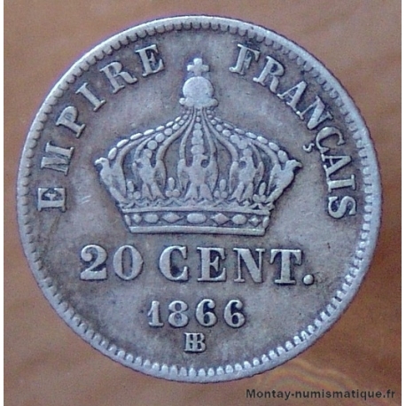 20 Centimes Napoléon III 1866 BB Strasbourg, tête laurée .